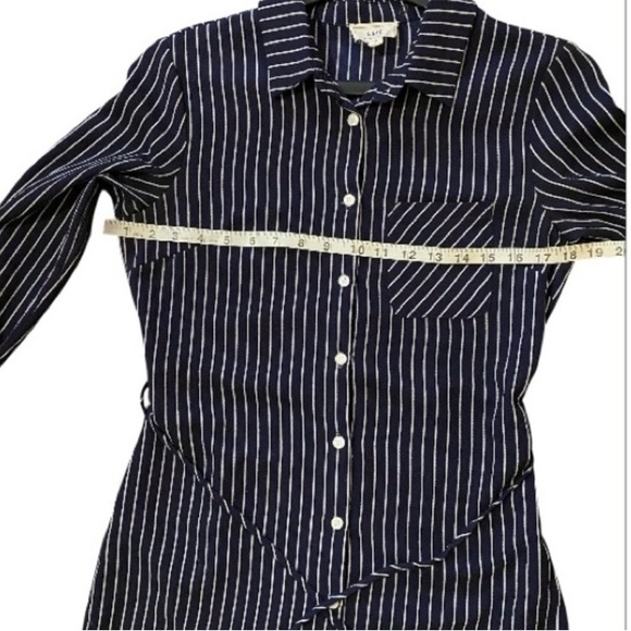 Have Navy and White long sleeves Striped midi Dress Shirt with front tie - Picture 4 of 12
